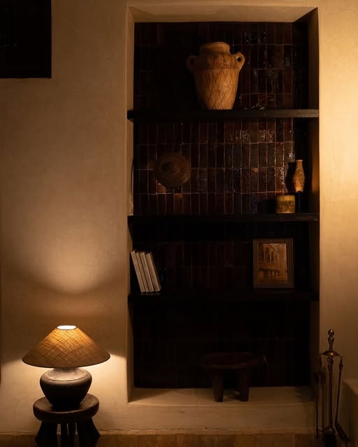 Une alcôve éclairée le soir : une jarre, des livres, un tabouret et une lampe